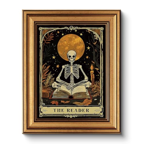 HUARCEY Gold Framed Canvas Wall Art, Skeleton Reader Tarot Picture Decor, Library Reading Room School Decor, Book Lover Witchy Gothic Halloween Canvas Paintings, 8x10inch - color: Skeleton Reader Art, size: 10"L x 8"W