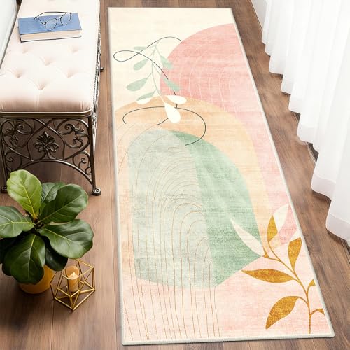MUJOO Washable 2x6 Runner Rugs for Kitchen Hallway Bedside Bathroom Laundry Room Bedroom Floor,Boho Long Area Rug Non Slip Carpet Throw Rug Mid Century Modern Abstract Botanical Geometric Pink - color: Pink（modern）, size: 2' x 6' (Rectangular)