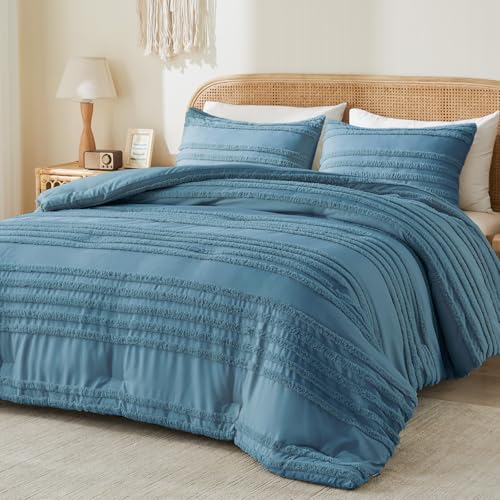 BEDELITE Boho Comforter Set Queen Size, Dusty Blue Tufted Striped Bed Set 3 Pieces, Soft Vintage Farmhouse Comforter for All Seasons, Boho Home Decor,Fluffy Jacquard Bedding with 2 Pillow Shams - color: Dusty Blue, size: Queen