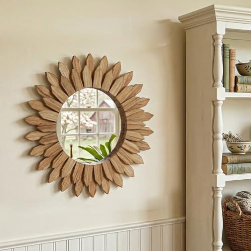 28 Inch Brown Boho Wall Decor Sunburst Mirror - Round Wooden Wall Decor, Handmade Rustic Circular Mirror for Living Room, Bedroom, Entryway, Office - color: Brown, size: 28"L x 28"W