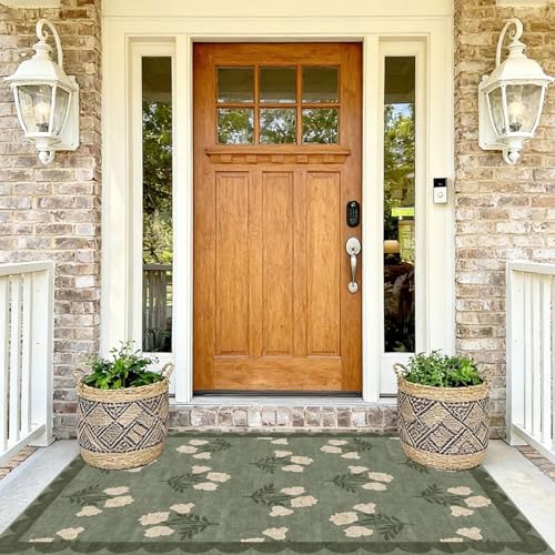 4x6 Covered Outdoor Patio Rug - Green Washable Front Porch Entry Rug Non-Slip Door Mat Indoor Outside Entrance Vintage Floral Scalloped Area Rug for Living Room Entryway Backyard Porch Decor - color: Flower - Green, size: 4' x 6' (Rectangular)
