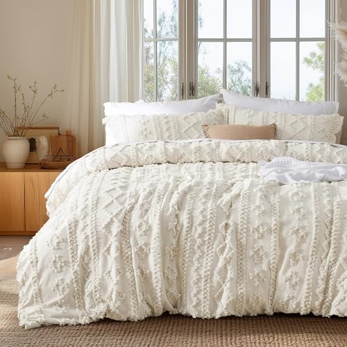 Bedsure Boho Duvet Cover Cal King Size, Soft & Comfortable Elegant Design Boho Bedding for Decoration, Machine Washable Comforter Cover for All Seasons,Includes 1 Duvet Cover & 2 Pillow Shams,Beige - color: 01 - Beige - Elegant (No Comforter), size: Cal K