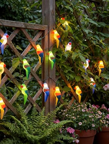 8.5Ft Parrot Outdoor String Lights, LED Tropical Themed Patio Lights with 10 Multicolor Birds Lights, Plug in Hanging Fairy String Lights for Backyard Summer Camp Window Decor Gift - color: Multicolor Parrot