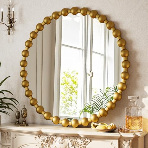 Easly Round Mirror for Wall, 28 Inch Gold Beaded Frame Decorative Vanity Mirror, Circle Bathroom Mirror with High-Definition Lense, Modern Wall Decor for Bathroom, Living Room, Bedroom, Entryway - color: Gold, size: 28"L x 28"W