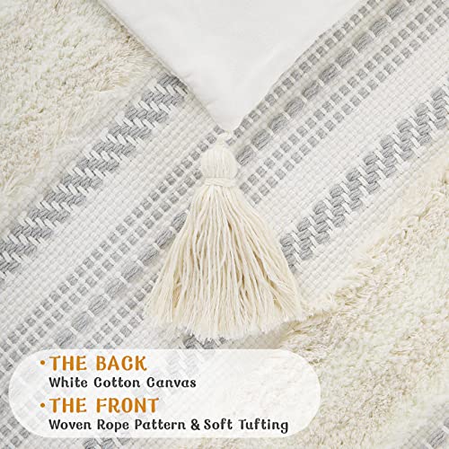 decorUhome Summer Decorative Boho Throw Pillow Covers 20x20 Set of 2, Accent Neutral Textured Tufted Pillow Covers Striped for Couch Bed Sofa Living Room, Beige and Cream White - color: Beige and Cream White, size: 20" x 20" (Pack of 2)
