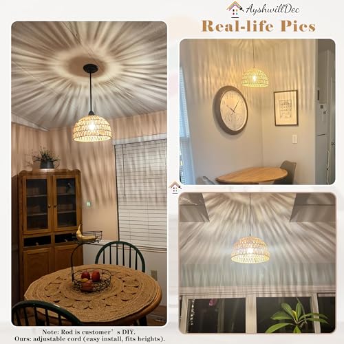 Hemp Rope Woven Pendant Light Woven Light Fixture Boho Chandelier Light Fixture Wicker Pendant Lights Rattan Lights Pendant Dome Wicker Chandelier for Dining Room Kitchen Island(Bulb Incl. - color: 12.2" Natural