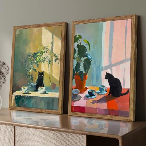 Framed Black Cat Wall Art Set of 2, Vintage Funny Cat Coffee Canvas Wall Decor Paintings, Moody Cute Animal Artwork Prints Picture for Kitchen Dining Room Living Room 12x16 Inch - color: Cat and Coffee, size: 16L" x 12W"