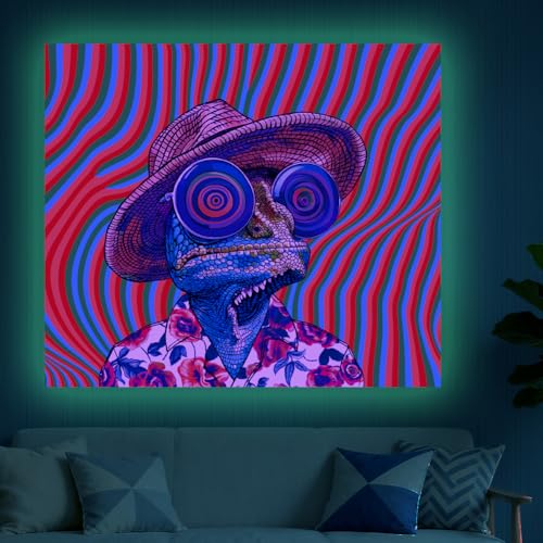 CRAFTYMELODY Chameleon Blacklight Tapestry Glow in the Dark Tapestry UV Reactive Cool Chameleon Wall Hanging 59×51 Inch with Hook Self Adhesive Sticker Clip for Bedroom Home Wall Decoration - color: Chameleon