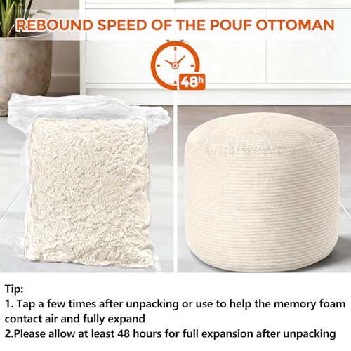 20" x 20" x 15" Pouf Ottoman Foot Rest, Pre-Stuffed Round Foot Stool with Odorless Shredded Memory Foam, Furry & Fluffy Corduroy Footrest for Living Room, Beige - color: Beige, size: 20"D x 20"W x 15"H