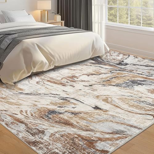 9x12 Abstract Oriental Style Area Rug, Elegant Vintage Thin Carpet, Delicate Decorative Design, Sophisticated and Beautiful for Living Room, Bedroom, Entryway, Office - Brown - color: Brown, size: 9' x 12' (Rectangular)