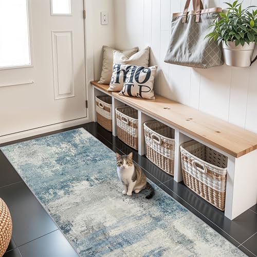 Rug Runners Abstract 2x6 - Washable Hallway Runner Rugs Non Slip Kitchen Carpet Low Pile Soft Indoor Floor Mat Front Door for Bedroom Entryway Laundry 2x6 Blue - color: Blue, size: 2' x 6' (Rectangular)