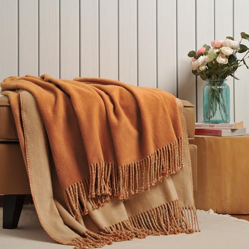 EP Mode Reversible Fringed Mulberry Silk Throw Blanket for Sofa (Caramel/Beige) - color: Caramel/ Beige