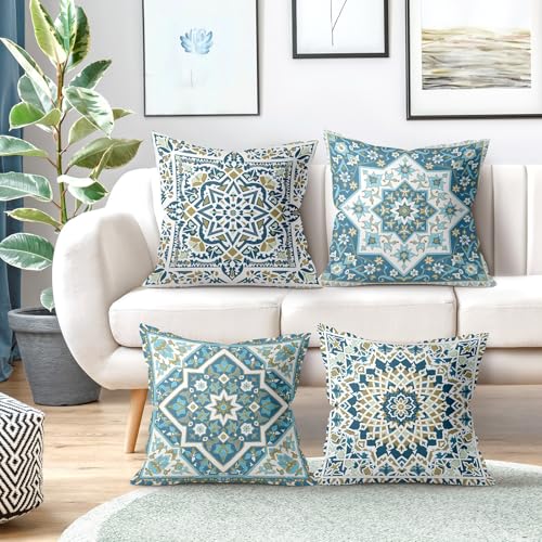 Boho Oriental Blue Mandala Floral Throw Pillow Covers 18x18 Inch Set of 4 Vintage Geometric Moroccan Flower Cushion Covers Home Decor for Couch Cushion Cases - color: Blue