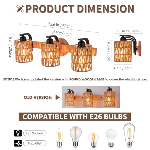 Boho Vanity Light Fixtures,Bathroom Lights Over Mirror,Rustic Rattan Wall Sconce with Woven Cage,3-Light Boho Wall Mounted Light Wooden Farmhouse Vanity Lighting for Bedroom Hallway Living Room Foyer - color: Cylinder shade