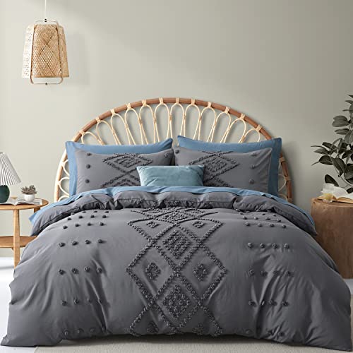 Oli Anderson Tufted Duvet Cover King Size, Soft and Lightweight Duvet Covers Set for All Seasons, 3 Pieces Boho Embroidery Shabby Chic Bedding Set (Grey, King, 104" x 90") - color: Grey, size: King(104"×90")