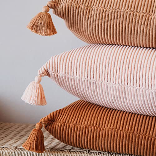 100% Soft Cotton Boho Throw Pillow Cover Ribbed Knit Texture with Handmade Tassels Cozy Decorative Accent (20x20, Baked Clay, Baked Terracotta) - color: Baked Clay, size: 20" x 20" (Pack of 1)