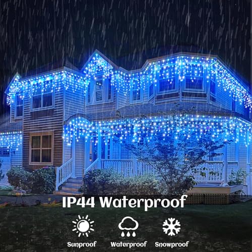 33ft Icicle Lights for Outside, Blue and White Christmas Lights Outdoor Indoor, 400 LED Twinkle String Light with 75 Drops Short Curtain Light for Thanksgiving Room Home Wall Bedroom Window Decoration - color: Blue and White, size: 400LED/33ft