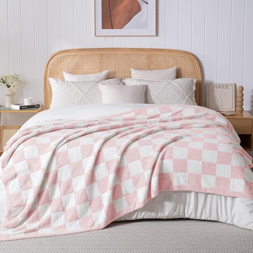 Exclusivo Mezcla Checkered Twin Size Knit Blanket for Bed, Ultra Soft and Warm Reversible Woven Blankets, Cozy Snuggly Throw for Couch Bed and Home Decor, Pink, 60"x80" - color: Pink, size: Twin (60"x80")