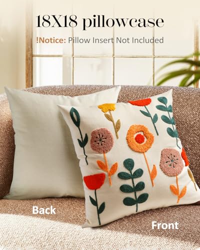 Embroidered Throw Pillow Cover - 18x18 Decorative Pillow Cover with Zipper Aesthetic Cute Design Boho Spring Summer Cozy Throw Pillowcase for Living Room Couch Sofa Bed, Plants - color: Plants, size: 18" x 18" (Pack of 1)