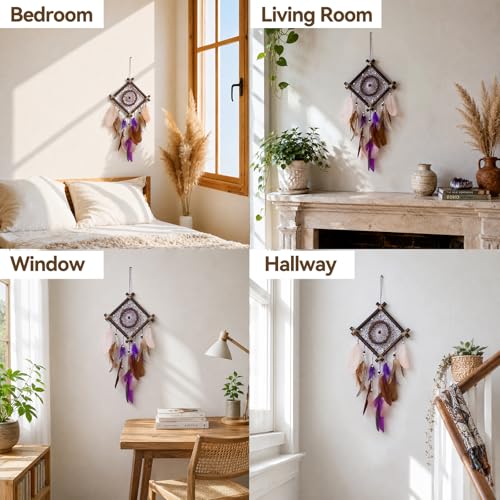 Rattan Dream Catchers with Peacock Feather, Boho Wall Decor Rustic Wooden Native American Wall Art for Bedroom Living Room (Purple Brown) - color: Purple Brown