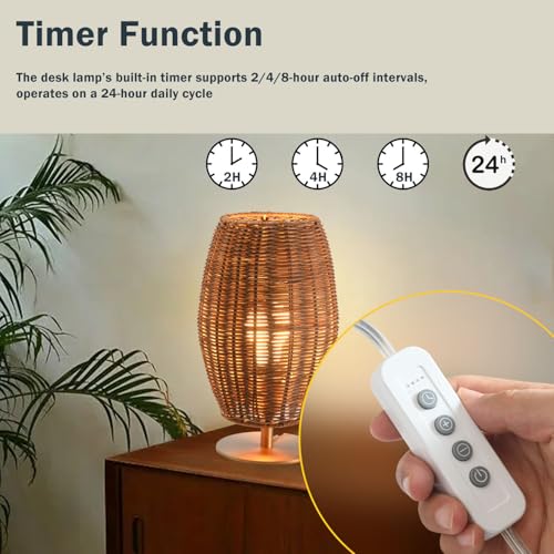 Boho Style Rattan Table Lamp,Dimmable Bamboo Desk Lamp,Timer Build in,Oven Brown Rattan - color: Timer