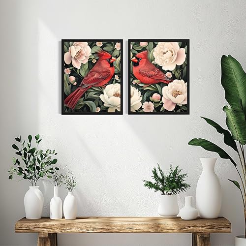 Red Cardinals William Morris Wall Art Poster Prints, Vintage Flowers Tapestry, Floral Decor for Living Room, Bedroom, Office, Bathroom AA12 (Red Cardinals, 8 x 10 inches (2 Panels), Unframed) - color: Red Cardinals, size: 8 x 10 inches (2 Panels)