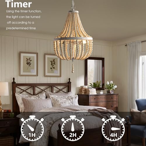 3-Light Mini Wood Beaded Bohemian Plug in Chandelier Dimmable and Timer Pendant Light Fixture with 16.4ft Swag Cord,Antique Metal Finish Natural Color Beads,Dining Room,Living Room,Foyer,Bedroom… - color: White distressed, size: Plug in-3 Light