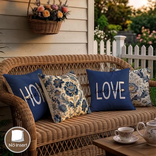 OBSEDE Love Lives Here Decorative Throw Pillow Covers 18x18 Set of 4 Navy Blue Floral Faux Linen Cushion Cases Single-Sided Print Square Accent Pillows for Couch Sofa - color: Love Lives Here