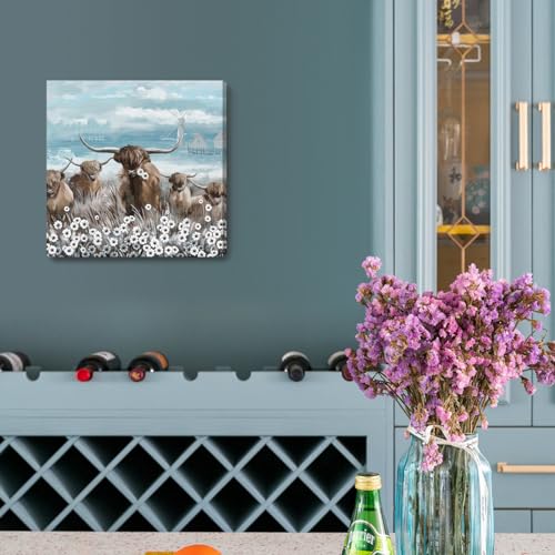 Canvas Wall Art Bathroom Coastal Boho Farmhouse Highland Cow Flower Picture Floral Artwork Rustic Country Landscape Longhorn Animal Painting for Living Room Bedroom Kitchen Décor Blue Brown Small - color: Highland Cow Wall Art, size: 13.5"L x 13.5"W