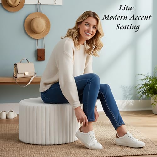 LITA Round Stuffed Pouf Ottoman, Corduroy Poufs with High-Density Foam Filling and Washable Cover, Furry and Fluffy Bean Bag Foot Stools Ottoman for Living Room, Bedroom, Office, Beige, Round - color: Round Corduroy Beige