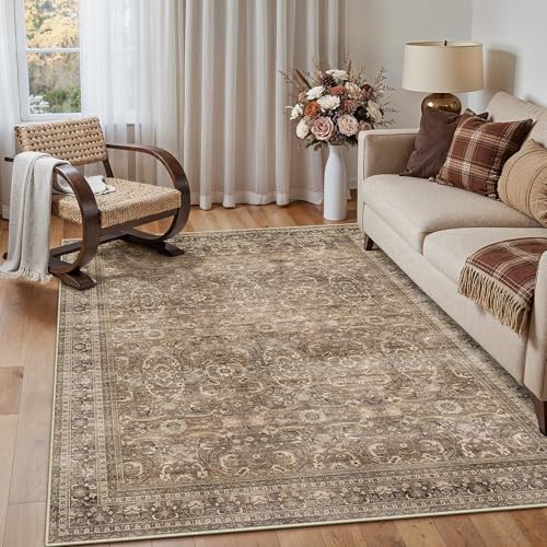 HUGEAR 3x5 Entryway Area Rug Vintage Brown Small Rug Machine Washable Door Mat Retro Floral Low Pile Carpet Vacuumable Distressed Throw Rug Entrance Kitchen Bedroom Bathroom Non Slip Lightweight - color: Retro | Brown, size: 3' x 5' (Rectangular)