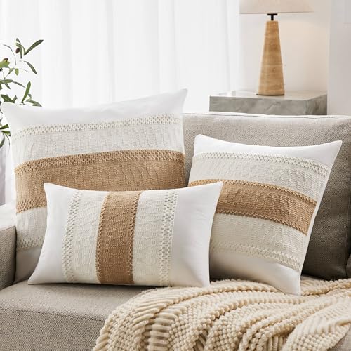 Soft Cotton Boho Throw Pillow Covers Set of 2, Natural White/Contrast Brown 22x22 Inch, Tan Farmhouse Decorative Cushion Covers for Sofa Bed Living Room Home Decor - color: Natural White/Contrast/Brown, size: 22" x 22" (Pack of 2)