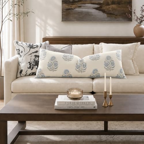 Vintage Floral 14x24 Lumbar Pillow Cover for Bed Pack of 1, Double-Sided Botanical Print Decorative Long Pillowcase Farmhouse Neutral Cushion Cover for Sofa Couch Living Room, Light Blue (Cover Only) - color: Light Blue, size: 24" x 14" (Pack of 1)