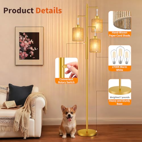 Hotsonic 72" Tall Boho Rattan Style Floor Lamp with Hand-Woven Paper Cord Shade, Dimmable Industrial Tree Standing Lamp for Living Room, Bedroom, Study Room, Office (3 x 800LM Bulbs Included) - Gold - color: Gold+Beige