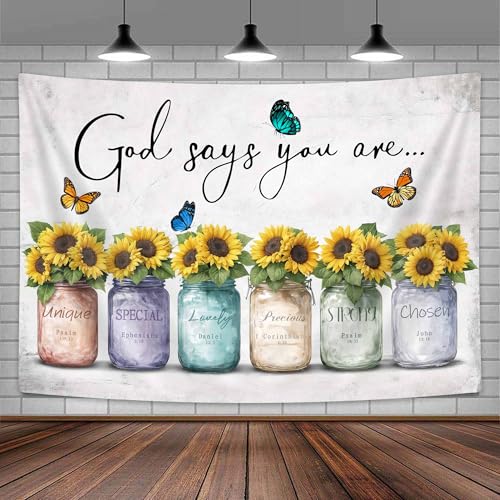 DYNH Inspirational Bible Verse Tapestry, God Says You Are, Sunflowers in Mason Jar Wall Hanging,Quotes Tapestries for Bedroom Living Room Dorm TV Backdrop,40x30In - color: Yellow, size: 40"L x 30"W