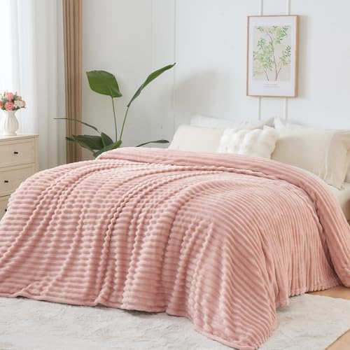 NEWCOSPLAY Super Soft Queen Blanket Pink Premium Silky Flannel Fleece 3D Ribbed Jacquard Lightweight Bed Blanket All Season Use (Pink Ribbed, Queen(90"x90")) - color: Pink Ribbed, size: Queen(90"x90")