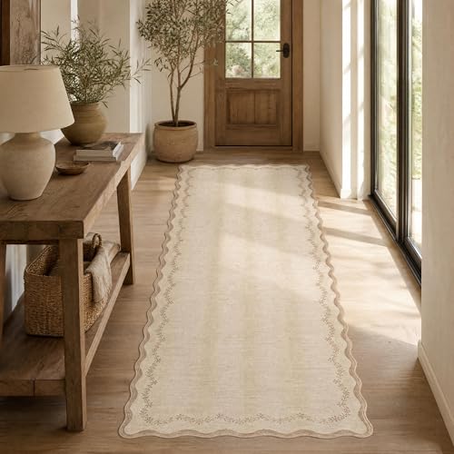 GarveeHome 2.6x10 Scalloped Washable Runner Rug for Kitchen, Soft Jute Long Hallway Runner Non Slip Entryway Rug Farmhouse Thin Laundry Mat Stain Resistant Carpet for Bathroom Beside Rug - color: Jute, size: 2'6" x 10' (Rectangular)