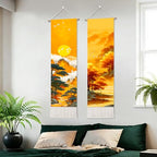 seewan 2 Pack Long Vertical Wall Tapestry, Boho Nature Landscape & Floral Aesthetic Wall Hanging for Bedroom Living Room Home Decor, Long Narrow Art Tapestry with Sunrise Mountain Botanical Designs, 13" × 51" (Golden Horizon Dawn, 13"Wx51"H, Unframed) - c