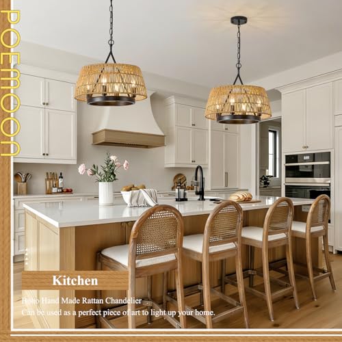 Boho Woven Chandeliers Hand Rattan Ceiling Pendant Lighting Rustic 4-Light 18" Hanging Light Fixture for Dining Room, Hallway, Entryway, Kitchen,Bedroom, E12 - size: Trapezoid-17.7''-V