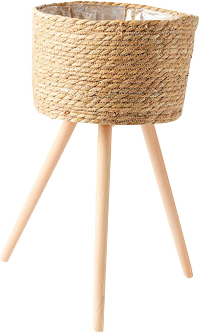 Wooden Woven Plant Stand with Legs Minimalist Rattan Planter Pot Holder for Indoor Succulent Display Durable Flower Basket for Living Room and Balcony