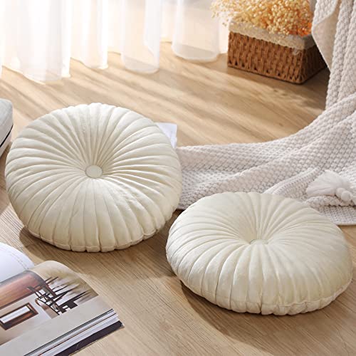 Namalu 2 Pcs Round Throw Pillow 13.8 Inch Decorative Round Velvet Floor Pillows Pumpkin Throw Pillows with Center Button for Thanksgiving Home Decor Living Room Sofa Couch Bed Chair (Cream) - color: Cream