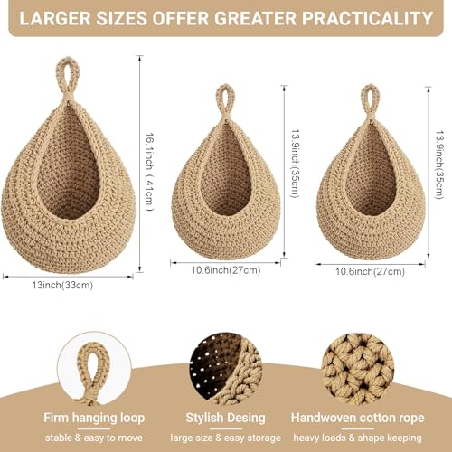 Halidali Hanging Fruit Baskets for Kitchen, 3 Pack Boho Cotton Rope Handwoven Vegetable Storage Wall Mounted Large Organizing Basket for Farmhouse Decor, Onion, Potato, Garlic and Plants (Linen) - color: Linen