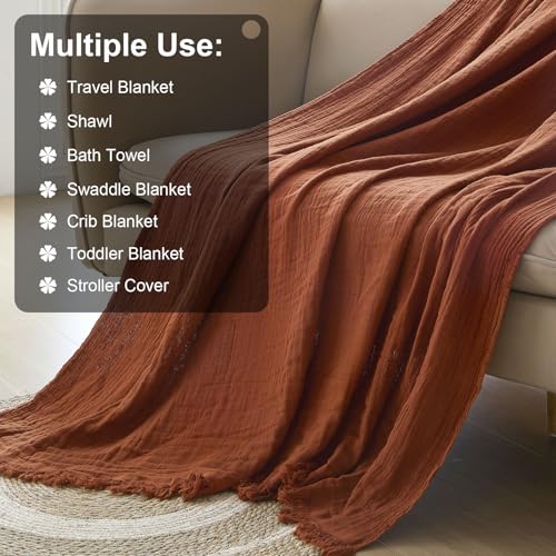 Cotton Muslin Throw Blanket with Tassels, Lightweight Woven Gauze, Pre-Washed Breathable Farmhouse Decor for Bed, Couch, All-Season Use (Rust, 50" x 60") - color: Rust, size: 50" x 60"