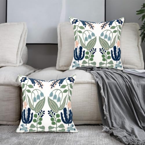 Alysheer Summer Floral Embroidered Decorative Throw Pillow Covers 18"x 18" Set of 2, Farmhouse Navy Blue Flowers Green Leaves Tufted Patterned Cotton Cushion Cases for Couch Bed Living Room Decor - color: - Blue Green, size: 18" x 18" (Pack of 2)