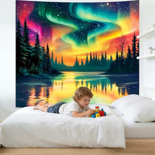 Apdidl Forest Space Tapestry for Bedroom Ceiling, Large Nature Colorful Galaxy Night Starry Sky Tapestries, Northern Aurora Landscape Tree Wall Hanging Decor for Living Room Boys (51"X60") - color: Wall Tapestry Aurora, size: 60"L x 51"W