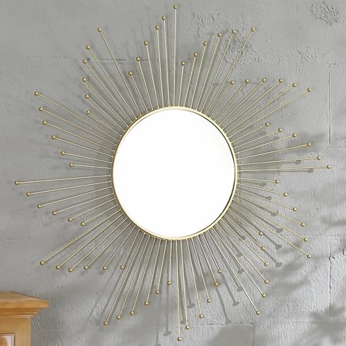 Large Gold Sunburst Mirror - 31" Starburst Wall Mirror with 12" Round Glass, Mid-Century Modern Elegant Gold Sun Mirrors for Living Room, Bedroom, Entryway Decor - size: 31"L x 31"W
