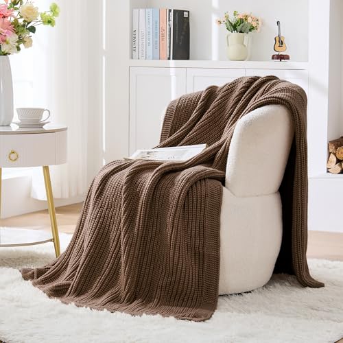 Chunky Knit Brown Throw Blanket for Couch Soft Cozy Thick Knitted Blanket for Sofa Bed, Breathable All-Season Cute Decorative Throw for Living Room, 50"x60",Dark Brown - color: Dark Brown, size: 50"x 60"