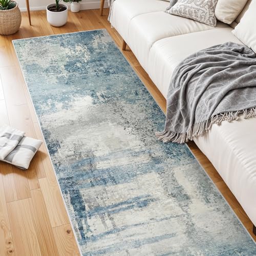 8 Foot Runner Rug: Washable Non-Slip Abstract Carpet for Kitchen Entryway Bedroom - Soft Stain Resistant Easy Clean Mat for Family with Pets 2.6x8 Blue - color: Blue, size: 2'6" x 8' (Rectangular)