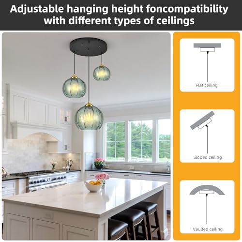 Mint Green Glass Chandelier, 3 Light Pendant Light Fixtures Kitchen Island Lighting Century Modern Kitchen Island Pendant Lighting Hanging Lights Multi Light Cluster Pendant Lighting（Without Bulb） - color: Mint-3 Light
