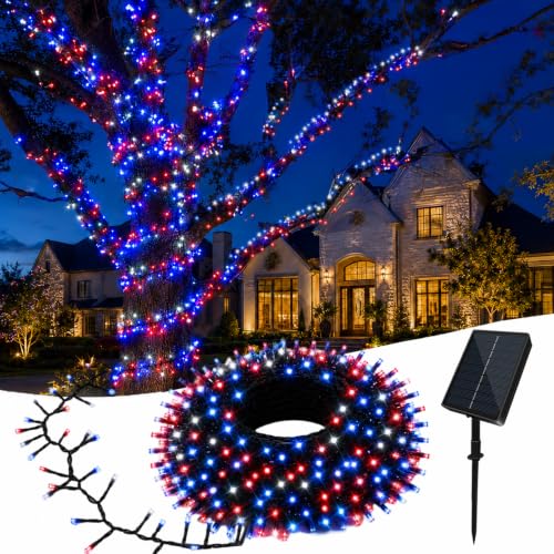 200LED Red White and Blue Lights Outdoor, 20ft 4th of July Decorations Solar String Lights with 8 Modes, Patriotic Solar Light Waterproof for Independence Day Memorial Day Home Garden Party Yard Decor - color: Red White Blue, size: 200LED*1pc-solar